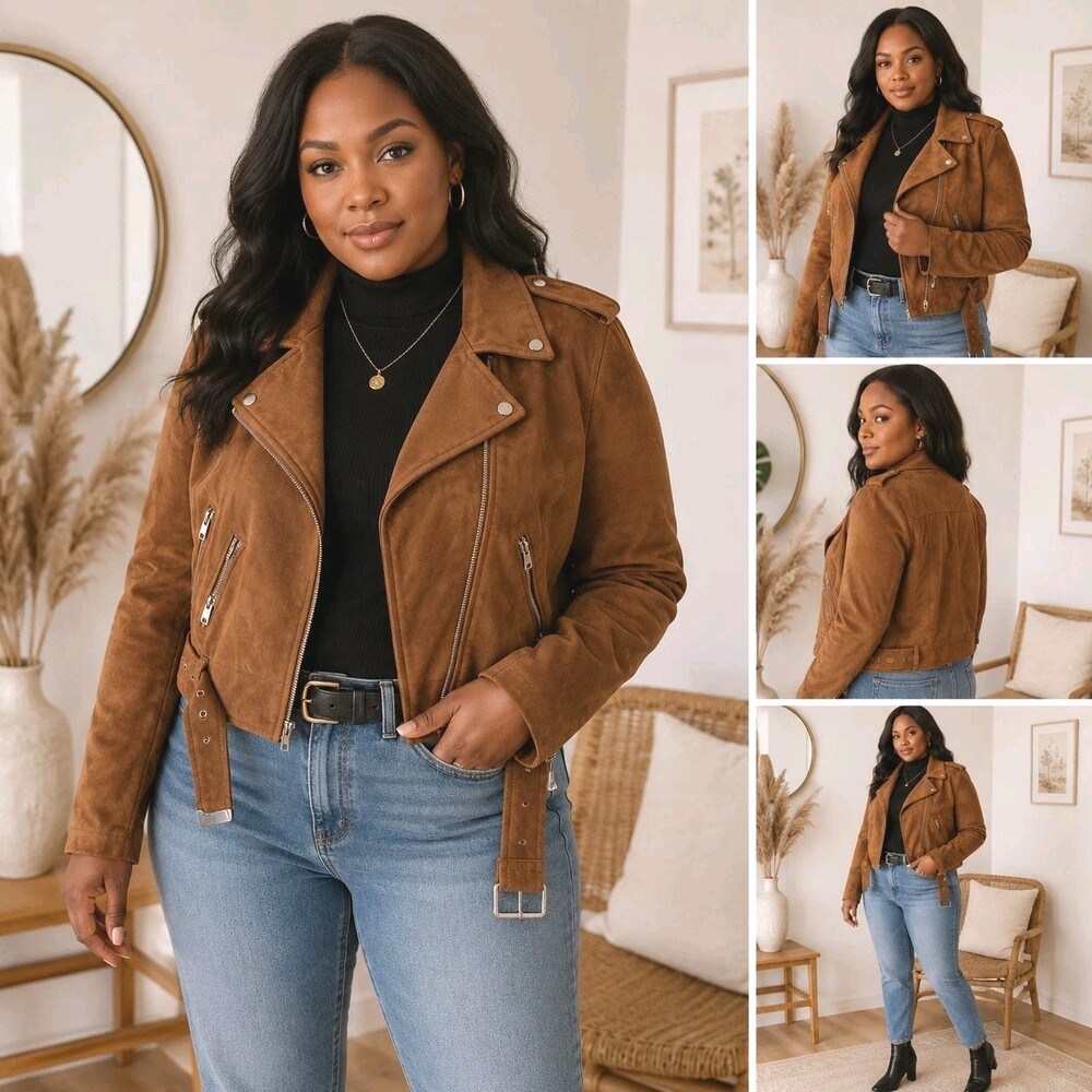 Levi's Faux Suede Moto Jacket Brown Belted Biker Zip Women's Size Small